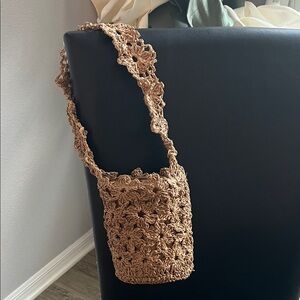 Crocheted Tan Floral-Pattern Crossbody Bag
